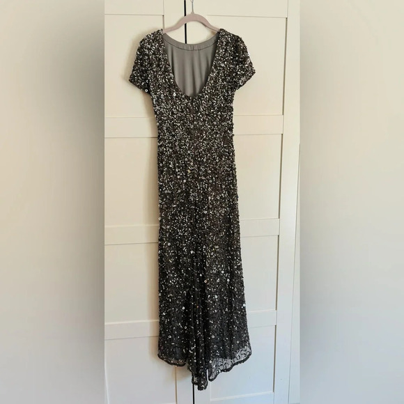 Adrianna Papell Charcoal Silver Scoop Back Sequin Gown Dress Size 6 - Picture 3 of 7